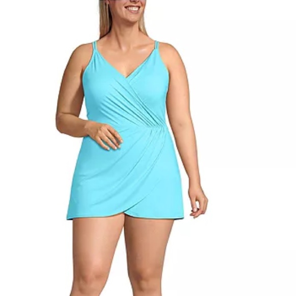 Lands' End Blue One Piece Swim Dress with Wrap Design